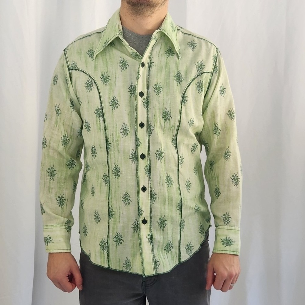 70s Green Floral Dagger Collar Shirt‎